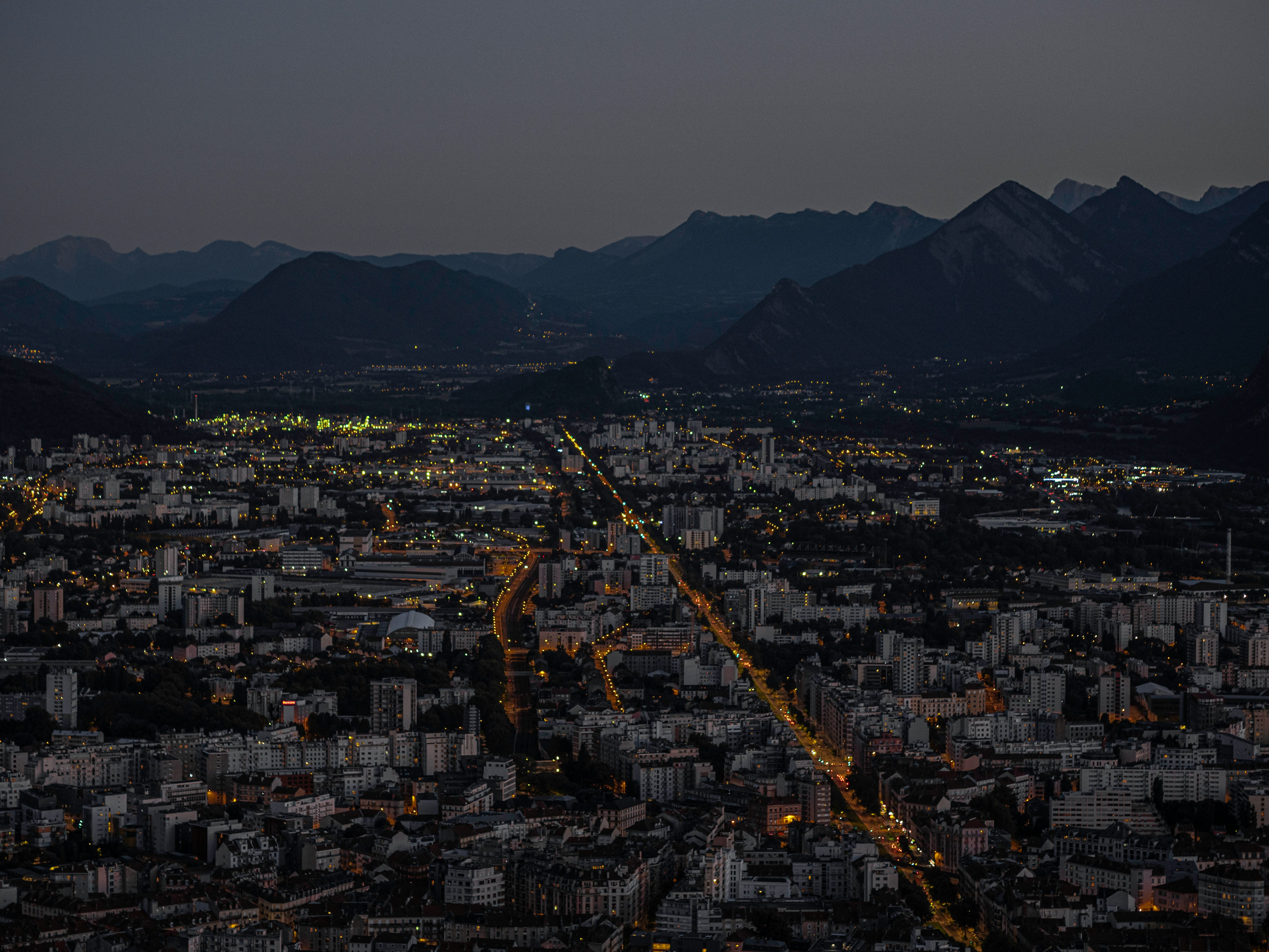 aerial view of city buildings during night time